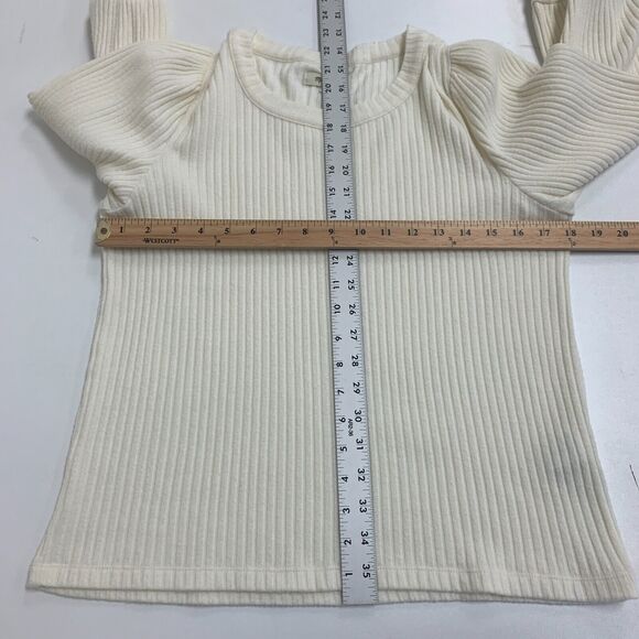 Madewell Brush Ribbed Top Womens L Large Cream 3/4 Pleat Blouson Sleeve Sweater - Picture 7 of 14